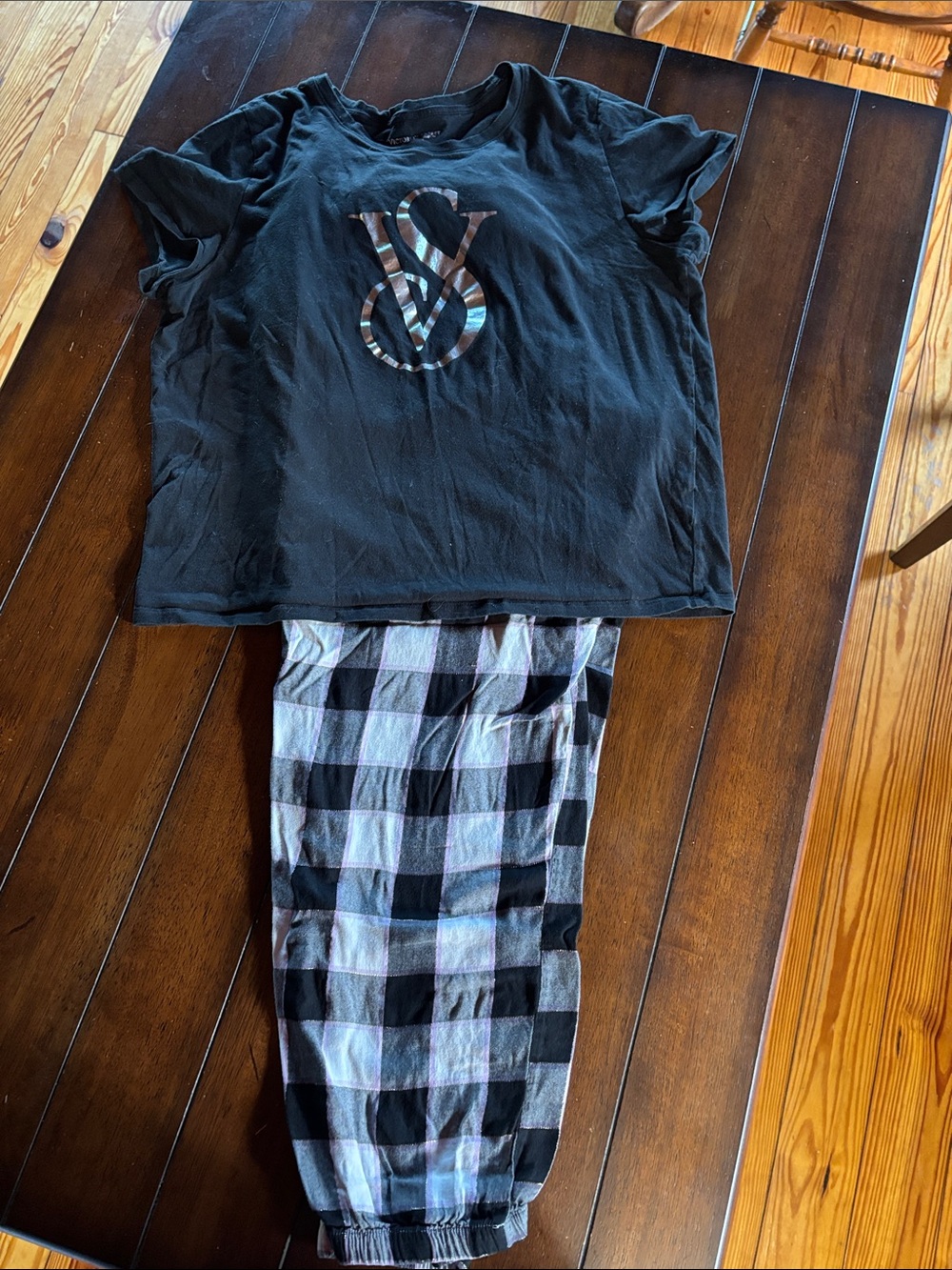 Victoria's Secret Black Logo Tee with Black & White Plaid Pajama Pants